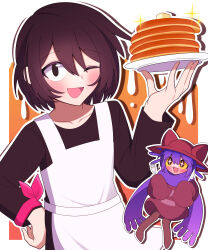  1boy 1other amatomato_0141 androgynous animal_hat apron black_eyes black_hair black_shirt blue_eyes blue_scarf blush_stickers bob_cut brown_leggings brown_sweater butter cat_hat coat colored_sclera commentary_request dot_nose fang food fork full_body hat highres holding holding_fork holding_plate large_hat leggings ling_(oneshot) long_sleeves looking_at_another looking_at_viewer niko_(oneshot) one_eye_closed oneshot_(game) open_mouth outline overcoat oversized_sweater pancake pancake_stack plate red_wrist_cuffs scarf shirt short_hair simple_background skin_fang sleeves_past_fingers sleeves_past_wrists sweater triangle_mouth upper_body white_apron white_outline wrist_cuffs yellow_sclera 
