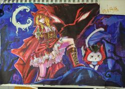  absurdres aiming aiming_at_viewer animal animal_ear_hood animal_ears ascot bare_tree belt black_choker black_hat blonde_hair blue_ascot blush_stickers boots bow braid breasts bright_pupils brown_belt brown_corset brown_eyes cat center_frills chinese_commentary choker clenched_teeth cloak clothed_animal clouds commentary_request corset crescent_moon dot_nose dropping ear_covers footwear_bow frilled_shirt frilled_skirt frills gate glint grass gun hair_over_one_eye hair_over_shoulder hair_ribbon hat highres holding holding_gun holding_weapon hood hood_up hooded_cloak hoop_skirt in-universe_location infinity_nikki knee_boots kneehighs lace-up_boots leg_belt little_red_riding_hood_(fairy_tale) long_hair low_twin_braids medium_breasts miniskirt momo_(nikki) monster moon multiple_belts night nikki_(series) o-ring o-ring_belt official_alternate_costume outdoors painting_(medium) pawpads photo_(medium) pine_tree print_cloak quanaqiang red_boots red_cloak red_ribbon red_skirt ribbon rock she_is_wildfire_(infinity_nikki) shirt signature skirt smile socks strapless strapless_shirt teeth traditional_media tree twin_braids uneven_footing v-shaped_eyebrows weapon whiskers white_cat white_pupils white_shirt wolf wolf_ears yellow_bow 