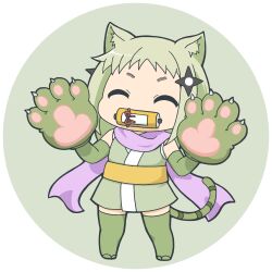  1girl animal_ears animal_hands cat_ears cat_girl cat_paws cat_tail closed_eyes commentary_request green_background green_hair hair_ornament kusagakure_mao lowres masaki_itsuki ninja_to_koroshiya_no_futarigurashi purple_scarf scarf scroll shuriken_hair_ornament tail zettai_ryouiki 