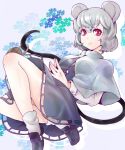  animal_ears bad_id basket capelet dress gem grey_dress grey_hair jewelry looking_at_viewer mouse_ears mouse_tail nazrin necklace pendant short_hair smile solo somsom tail touhou upskirt 