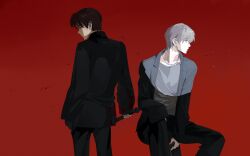  2boys absurdres black_coat black_hair book chain character_request coat cowboy_shot earrings from_behind grey_coat grey_hair grey_shirt highres holding holding_book holding_weapon jewelry lapels looking_to_the_side male_focus meng_ziya multiple_boys necklace notched_lapels open_clothes open_coat real_life red_background red_eyes ring ring_necklace shirt short_hair single_earring weapon 