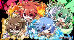  4girls :d :o ;) ahoge akaneya black-framed_eyewear blue_eyes blush_stickers brown_hair character_request chibi chibi_only closed_mouth coat commentary_request commission copyright_request double-parted_bangs full_body glasses green_eyes green_hair hair_between_eyes holding holding_staff long_hair looking_at_viewer multiple_girls one_eye_closed open_mouth outline rectangular_eyewear red_eyes red_hair short_hair skeb_commission smile staff twitter_username v-shaped_eyebrows yellow_coat yellow_eyes yellow_outline 