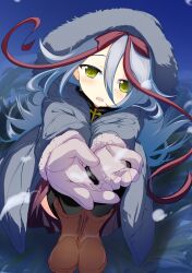  1girl absurdres aig8654fez alternate_costume black_thighhighs blush boots bow brown_boots coat commentary cross_ornament double-parted_bangs foreshortening full_body fur-trimmed_gloves fur-trimmed_hood fur_trim gloves grey_coat grey_hair hair_between_eyes hair_bow hair_ribbon highres hood hood_up hoshizora_no_memoria knees_up legs_together long_hair long_hair_between_eyes long_ribbon long_sleeves looking_at_viewer mare_s._ephemeral night open_mouth outdoors outstretched_arms red_bow red_ribbon ribbon sitting slit_pupils snow_in_hand snowing solo thigh-highs white_gloves winter winter_clothes yellow_eyes 