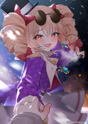  2girls absurdres asaka_haru123 blonde_hair blush bow breath coat commentary_request commission dress drill_hair earrings eyewear_on_head female_pov hair_bow hat highres jewelry long_sleeves looking_at_viewer multiple_girls necklace open_clothes open_coat open_mouth orange_eyes pendant pink_dress pov pov_hands purple_coat round_eyewear siblings sisters skeb_commission smile solo_focus sunglasses top_hat touhou twin_drills watermark yorigami_jo'on yorigami_shion 