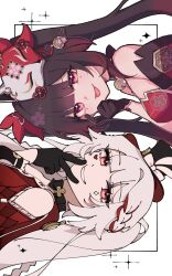 2girls :p apple_cafemocha bare_shoulders bell black_choker black_gloves black_hat braid breasts brown_hair butterfly-shaped_pupils choker clothing_cutout commentary diamond_(shape) diamond_facial_mark diamond_on_cheek dress eyelid_pull facial_mark flower_tattoo fox_mask gloves hat hat_ornament heart heart_facial_mark heart_on_cheek highres honkai:_star_rail honkai_(series) long_hair looking_at_viewer mark_under_both_eyes mask mask_on_head mini_hat mini_top_hat multicolored_hair multiple_girls neck_bell open_mouth pink_eyes plaid_clothes plaid_sleeves rabbit_ear_headwear rabbit_hat_ornament red_dress red_sleeves shoulder_cutout simple_background smile sparkle_(honkai:_star_rail) sparxie_(honkai:_star_rail) symbol-shaped_pupils tattoo tongue tongue_out top_hat twintails v very_long_hair white_background white_hair 