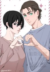  1boy 1girl black_hair blue_shirt breasts brown_hair closed_mouth commentary_request eren_yeager green_eyes grey_eyes hair_between_eyes heart heart_hands heart_hands_duo highres light_frown light_smile medium_breasts mikasa_ackerman parted_bangs parted_lips peanuts261912 pink_shirt shingeki_no_kyojin shirt short_hair twitter_username updo upper_body 