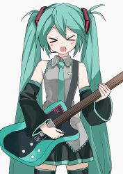  >_< 1girl aqua_hair aqua_necktie bare_shoulders black_skirt closed_eyes detached_sleeves electric_guitar esp_stream-miku-custom grey_shirt guitar hair_between_eyes hatsune_miku headset highres holding holding_guitar holding_instrument instrument long_hair music necktie open_mouth playing_instrument pleated_skirt shirt simple_background singing skirt sleeveless sleeveless_shirt smile solo thigh-highs twintails vocaloid white_background yukia_1128 zettai_ryouiki 