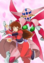  2girls arm_guards armor blunt_sidelocks boobplate brown_eyes brown_hair commentary_request fishnet_sleeves fishnets full_body getter_rekka getter_robo getter_robo_daikessen! long_hair looking_at_viewer mecha mecha_focus mizuki_akane multiple_girls ninja onnaski pants parted_lips pink_armor puffy_short_sleeves puffy_sleeves red_pants robot robot_girl short_sleeves sidelocks smile super_robot walking yellow_eyes 