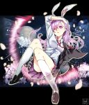  animal_ears arm_up blazer breasts broken_glass bunny_ears cherry_blossoms dress_shirt full_moon glass kneehighs lavender_hair legs moon necktie petals purple_eyes rabbit_ears reisen_udongein_inaba ryusui shirt sleeves_rolled_up solo touhou transparent violet_eyes white_legwear wink 