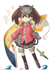  1girl black_thighhighs brown_eyes brown_hair closed_mouth commentary_request full_body ikuya_(mzns198) kantai_collection long_sleeves looking_at_viewer pink_shirt pleated_skirt ryuujou_(kancolle) shirt skirt smile solo thigh-highs twintails white_background 