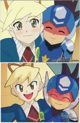  1boy 1girl absurdres anime_screenshot_inset armor artist_name blonde_hair blue_armor blue_helmet blush bow closed_eyes derivative_work drill_hair gem geo_stelar_(mega_man) green_eyes green_gem hair_bow helmet highres luna_platz_(mega_man) mega_man_(series) mega_man_star_force_(series) open_mouth orange_bow poruwiki screenshot_inset screenshot_redraw selfie signature smile star_force_mega_man sweatdrop tail twin_drills very_long_tail 