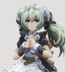  1girl absurdres animal_bag apron bear_bag black_dress black_nails commentary corin_wickes derukia dress english_commentary green_hair grey_background hair_between_eyes hands_up highres interlocked_fingers long_hair looking_at_viewer maid maid_apron maid_headdress metal_wrist_cuffs own_hands_together parted_lips screw_hair_ornament simple_background solo upper_body violet_eyes white_apron zenless_zone_zero 