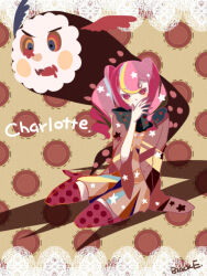  1girl charlotte_(madoka_magica) english_text lace looking_at_viewer luminous_slime mahou_shoujo_madoka_magica monster multicolored_hair patterned_background pink_hair polka_dot red_eyes sitting twintails 