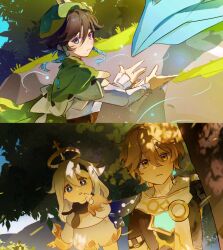  1girl 2boys aether_(genshin_impact) ahoge androgynous aqua_eyes armor beret black_eyes black_hair black_scarf blonde_hair blue_hair blue_skin blue_sky braid bright_pupils brown_corset brown_eyes brown_shirt buttons cape closed_mouth colored_skin corset cropped_torso crystal_hair_ornament day dragon dvalin_(genshin_impact) earrings floating_cape floating_hair flower flying from_behind genshin_impact gold_armor gold_trim gradient_hair grass green_cape green_hat hair_between_eyes hair_ornament halo hand_up hands_up hat hat_flower hat_ornament highres index_finger_raised jewelry leaf liya01037 long_hair long_sleeves looking_at_another low-braided_long_hair low-tied_long_hair magic mechanical_halo mountain multicolored_hair multiple_boys open_mouth outdoors paimon_(genshin_impact) puffy_long_sleeves puffy_sleeves rock romper scarf scenery shadow shirt short_sleeves shoulder_armor single_braid single_earring sky smile sparkle standing sunlight tree twin_braids two-tone_hair upper_body venti_(genshin_impact) white_hair white_pupils white_romper white_scarf white_shirt yellow_flower 