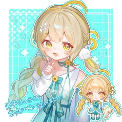  1girl :d absurdres ahoge aqua_background bare_shoulders blonde_hair blonde_streaks border bow breasts character_request chibi collarbone commentary_request commission copyright_request curled_fingers diamond-shaped_pupils diamond_(shape) dot_nose dress drill_hair finger_to_mouth flower flower_ornament green_bow green_dress green_ribbon green_shoes hand_up highres holding holding_stuffed_toy jacket long_hair long_sleeves looking_at_viewer multicolored_bow multicolored_hair neck_ribbon ribbon shoes sidelocks simple_background skeb_commission sleeveless sleeveless_dress small_breasts smile solo_focus sparkle_print standing streaked_hair stuffed_animal stuffed_toy sundi3d symbol-shaped_pupils teddy_bear teddy_bear_hair_ornament translation_request twin_drills upper_body white_border white_bow white_jacket yellow_eyes 