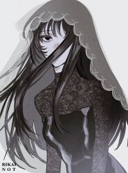  1girl artist_name black_dress black_eyes black_hair breasts commentary dress empty_eyes film_grain floating_hair hair_over_face hair_over_one_eye highres lace lace_dress lace_sleeves long_hair looking_at_viewer no_pupils osaragi_(sakamoto_days) pale_skin rikainot sakamoto_days see-through_clothes see-through_veil simple_background solo untranslatable_commentary upper_body veil white_background white_veil 
