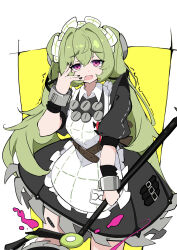  1girl apron azuki_pii black_dress black_nails blood border circular_saw commentary_request corin_wickes cowboy_shot dress green_hair hair_between_eyes hand_up highres holding_saw long_hair looking_at_viewer maid maid_apron maid_headdress metal_wrist_cuffs open_mouth pink_blood saw screw_hair_ornament solo trembling violet_eyes white_apron white_border yellow_background zenless_zone_zero 