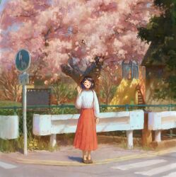  1girl artist_name bag black_hair blouse blush blush_stickers brown_shoes cherry_blossoms closed_eyes crosswalk day fjsmu full_body guard_rail highres open_mouth original outdoors park red_skirt road_sign scenery shirt shoes short_hair shoulder_bag sign signature skirt slide smile standing waving white_shirt 