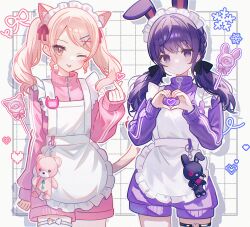  2girls ;p absurdres akiyama_mizuki animal_ear_fluff animal_ears apron arm_at_side asahina_mafuyu black_ribbon blank_stare bow_legwear braid candy closed_mouth commentary_request cowboy_shot dot_nose dotted_background drop_shadow facing_viewer food frilled_apron frills hand_up heart heart_hands heart_in_heart_hands highres jersey_maid lollipop long_hair long_sleeves looking_at_viewer maid maid_apron maid_headdress multiple_girls one_eye_closed pink_hair pink_track_suit project_sekai purple_hair purple_track_suit rabbit_ears red_ribbon ribbon shadow sidelocks simple_background snapping_fingers standing stuffed_animal stuffed_toy sundi3d teddy_bear tongue tongue_out track_suit twintails unconventional_maid white_apron white_background zipper 