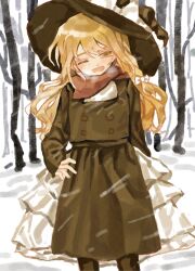  1girl black_coat blonde_hair bow braid breath chinese_commentary coat commentary_request forbidden_scrollery gaiyonghunichengyinshexianweiguiwufaxianshi hair_bow hat hat_bow highres kirisame_marisa long_hair long_sleeves looking_at_viewer official_alternate_costume one_eye_closed open_mouth outdoors red_scarf scarf side_braid single_braid smile snow snowing solo touhou tree white_bow witch_hat yellow_eyes 