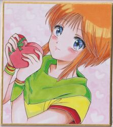  1girl blue_eyes blush box box_of_chocolates bracelet chikoto_(kztc4472) closed_mouth collarbone commentary dutch_angle elpeo_puru gundam gundam_zz hands_up heart heart-shaped_box heart_background highres holding holding_box jewelry lips long_sidelocks looking_at_viewer multicolored_shirt orange_hair photo_(medium) picture_frame pink_background short_hair sidelocks smile solo traditional_media upper_body valentine wispy_bangs 