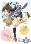  aoi_sora_(pairan) bag black_hair book bottle brown_eyes brown_hair denim_skirt highres open_mouth original outstretched_arms pairan pocky shoulder_bag skirt solo spread_arms standing_on_one_leg twintails water_bottle wristband 