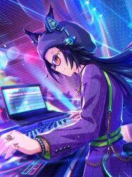  1girl absurdres air_shakur_(mag!c_number)_(umamusume) air_shakur_(umamusume) animal_ears artist_request audience beanie belt black-framed_eyewear black_hair bracelet buttons card_commentary chain chain_belt chain_bracelet closed_mouth coat commentary computer cowboy_shot cropped dj ears_through_headwear face_piercing fingernails forehead_piercing from_side game_cg gold_chain gold_ring green_belt happy hat headphones headphones_over_headwear highres horse_ears horse_girl horse_tail horseshoe_ornament indoors instrument jewelry keyboard_(instrument) laptop long_hair long_sleeves multiple_belts multiple_rings music night o-ring o-ring_belt official_alternate_costume official_art orange_eyes piercing playing_instrument purple_coat purple_hat ring shoulder_belt smile solo sparkle spiked_bracelet spikes stage_lights sunglasses tail third-party_source umamusume very_long_hair 