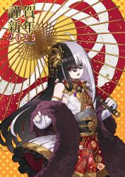  1girl 2025 black_hair chinese_zodiac commentary_request elbow_gloves flat_chest floral_print gloves gold_trim hair_ornament happy_new_year heterochromia highres holding holding_umbrella japanese_clothes kimono long_hair looking_at_viewer multicolored_hair new_year oil-paper_umbrella open_mouth original pince-nez ramuya_(lamb) red_eyes shawl snake snake_hair_ornament solo split-color_hair umbrella very_long_hair white_eyes white_hair white_snake year_of_the_snake 