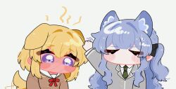  2girls animal_ear_fluff animal_ears bang_dream! bang_dream!_it's_mygo!!!!! blonde_hair blue_hair blush cat_ears cat_girl chibi chibi_only closed_eyes commentary_request diagonal-striped_clothes diagonal-striped_necktie dog_ears dog_girl dog_tail full-face_blush green_necktie grey_jacket hanasakigawa_school_uniform haneoka_school_uniform head_steam headpat hehe5ya highres jacket kemonomimi_mode korean_commentary long_hair looking_down medium_hair misumi_uika multiple_girls neck_ribbon necktie no_mouth red_ribbon ribbon school_uniform simple_background striped_clothes tail togawa_sakiko violet_eyes 
