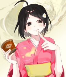  1girl :q animal_print araragi_tsukihi belt black_eyes black_hair blush bob_cut breasts close-up closed_mouth commentary egg_hair_ornament finger_to_mouth fish_print food food-themed_hair_ornament fried_egg haagen-dazs hair_ornament hands_up highres holding holding_food holding_ice_cream ice_cream index_finger_raised japanese_clothes kimono licking_lips looking_afar looking_to_the_side monogatari_(series) nisemonogatari obi pink_kimono print_kimono rice_balls1234 sash short_hair sketch small_breasts smile solo swept_bangs tongue tongue_out upper_body yellow_belt yellow_sash 