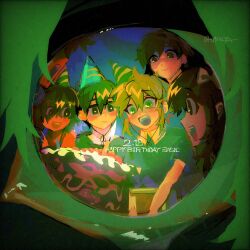  1girl 4boys adversarial_noise aged_down aubrey_(faraway)_(omori) aubrey_(omori) basil_(faraway)_(omori) basil_(omori) birthday_cake black_eyes black_hair blonde_hair bow brown_hair cake candle commentary dated english_commentary food green_eyes hair_bow hair_ornament happy_birthday hat hero_(faraway)_(omori) hero_(omori) highres honshiya kel_(headspace)_(omori) kel_(omori) long_hair multiple_boys omori open_mouth party_hat short_hair signature smile sunny_(omori) 