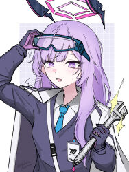  1girl adjustable_wrench blue_archive blue_necktie bright_pupils collared_shirt commentary_request floating_headgear gloves goggles goggles_on_head halo headgear highres holding holding_wrench hukuro_kasiwa jacket jacket_on_shoulders long_hair long_sleeves looking_at_viewer millennium_science_school_logo motion_lines necktie parted_lips puff_of_air purple_gloves purple_hair purple_sweater shirt simple_background solo sparkle sweater swept_bangs upper_body utaha_(blue_archive) violet_eyes white_background white_jacket white_pupils white_shirt wrench 
