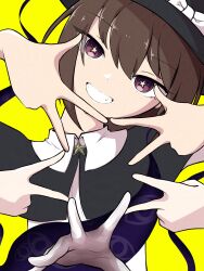  1girl black_capelet black_hat bow brown_eyes brown_hair capelet collared_shirt commentary_request disembodied_hand gap_(touhou) gloves grin hat hat_bow head_tilt highres iwoillust looking_at_viewer shirt short_hair smile star-shaped_pupils star_(symbol) star_hands symbol-shaped_pupils touhou upper_body usami_renko white_gloves white_shirt yellow_background 