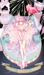  1girl aerial_fireworks ankle_bow banner bare_arms bare_shoulders beads birthday black_background blunt_bangs bow bowtie brown_eyes character_name closed_mouth commentary_request crown dot_nose dress english_text fireworks frilled_dress frills from_above full_body gift gold_crown hair_beads hair_bow hair_ornament happy_birthday heart_wand hexagram high_heels highres holding holding_staff kneehighs knees lace_socks light_particles long_hair medium_dress mini_crown miracle_nikki nikki_(nikki) nikki_(series) off-shoulder_dress off_shoulder pillar pink_bow pink_bowtie pink_dress pink_hair pink_shoes purple_bow shoes short_sleeves single_sidelock sitting smile socks solo sparkle_of_stars_(miracle_nikki) staff straight-on uro_(uvxkf) wavy_hair white_socks 
