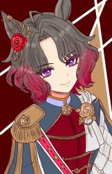  ahoge animal_ears brooch brown_hair checkered_collar closed_mouth commentary_request ear_flower ear_ornament epaulettes flower flower_brooch four-pointed_star gradient_hair horse_ears horse_girl jacket jewelry long_sleeves looking_at_viewer miyabi1221 multicolored_hair print_sash red_hair red_sash rose_kingdom_(umamusume) sash short_hair single_epaulette smile two-tone_hair umamusume upper_body vertical-striped_sleeves 
