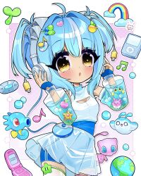  1girl apple blue_hair blue_shorts border bubble cd cellphone charger chinchou cleavage_cutout clothing_cutout corsola detached_sleeves earth_(planet) flip_phone food fruit frutiger_aero headphones highres horsea ipod mantyke mew_(pokemon) mp3_player msn_buddy_icon multicolored_hair musical_note orange_(fruit) original personification phone planet pokemon pokemon_(creature) rabbit rainbow see-through_clothes see-through_skirt see-through_sleeves shirt short_twintails shorts skirt solo sprout staryu streaked_hair trytryagain twintails water white_border white_shirt white_streaks yellow_eyes 