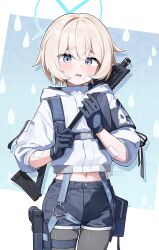  1girl absurdres arius_branch_school_logo arius_student_(blue_archive) bandaid bandaid_on_arm bandaid_on_face black_gloves blonde_hair blue_archive blue_eyes blush gloves gun gun_on_back handgun highres holstered hood hooded_jacket jacket navel open_mouth pantyhose rain short_hair shorts simple_background solo sweat ujuro water weapon weapon_on_back 