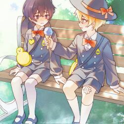  2boys aged_down black_eyes black_hair black_shirt black_shorts blonde_hair buhuaixiaoguai child collared_shirt commentary crossed_bangs english_commentary food gauze_on_knee hair_between_eyes highres holding holding_food holding_ice_cream ice_cream limbus_company limbus_kindergarten_uniform looking_at_another male_focus multiple_boys project_moon shirt shorts sinclair_(project_moon) sitting socks wavy_hair white_shirt white_socks yellow_eyes yi_sang_(project_moon) 