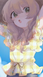  1boy :o absurdres arms_up blonde_hair blue_sky blush braid checkered_clothes checkered_shirt clouds collarbone commentary_request frilled_shirt frills from_below green_eyes hair_between_eyes hair_over_shoulder hat highres i-chu long_hair looking_at_viewer low_twin_braids male_focus oikawa_momosuke open_mouth plaid_clothes plaid_shirt ribbon rolanrolan88 shirt short_sleeves sky solo straw_hat sun_hat trap twin_braids upper_body yellow_shirt 