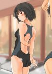  amagami ass black_hair blurry blush brown_eyes competition_swimsuit depth_of_field from_behind murasaki_iro nanasaki_ai one-piece_swimsuit solo swimsuit 