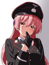  1girl absurdres black_gloves breasts gloves hair_between_eyes hat hayate_no_gotoku! highres long_hair long_sleeves looking_at_viewer lostorder military military_hat military_uniform pink_hair red_eyes simple_background solo wehrmacht yuzaki_tsukasa 