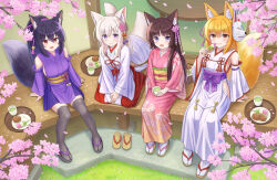  4girls :d absurdres animal_ears animated animated_gif black_hair blonde_hair blue_eyes branch breasts brown_eyes brown_hair brown_sandals cat_ears cat_girl closed_mouth clothing_cutout commentary_request cup dango day detached_sleeves fang floral_print flower folded_ponytail food fox_ears fox_girl fox_tail grey_sandals grey_thighhighs hair_between_eyes hakama hakama_skirt highres hip_vent holding holding_cup holding_food iroha_(iroha_matsurika) japanese_clothes japanese_commentary japanese_text kimono kohaku_(iroha_(iroha_matsurika)) koyoi_(iroha_(iroha_matsurika)) kunoichi-chan_(iroha_(iroha_matsurika)) long_sleeves medium_breasts miko multiple_girls mutsuki_(iroha_(iroha_matsurika)) nontraditional_miko obi open_mouth original outdoors petals pink_flower pink_kimono print_kimono purple_kimono purple_sleeves red_hakama sandals sanshoku_dango sash seiza short_kimono sideboob sitting skirt smile socks tabi table tail tatami thigh-highs tray unworn_sandals veranda violet_eyes wagashi white_kimono white_socks wide_sleeves wolf_ears wolf_girl wolf_tail zouri 