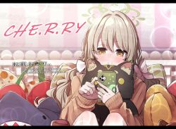  1girl blue_archive blush bow brown_sweater cellphone green_halo grey_hair hair_between_eyes hair_bow halo holding holding_phone hugging_object long_hair long_sleeves looking_down miyo_(blue_archive) phone sakishimadara smartphone smile solo stuffed_animal stuffed_cherry stuffed_shark stuffed_toy sweater white_bow 