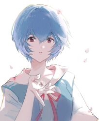  1girl ayanami_rei backlighting blue_hair blue_vest breasts cherry_blossoms collarbone commentary cropped_torso flower hair_between_eyes hand_up highres looking_at_viewer medium_breasts neck_ribbon neon_genesis_evangelion open_clothes open_mouth open_vest petals pink_flower red_eyes red_ribbon ribbon sailor_collar school_uniform shirt short_hair short_sleeves simple_background solo soraaaa53 untranslatable_commentary vest white_background white_shirt 