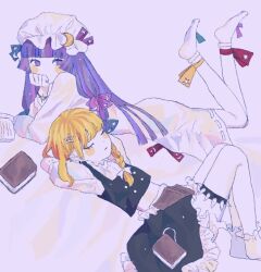  2girls black_dress blonde_hair bloomers blush book bracelet braid closed_eyes crescent crescent_hair_ornament dress earrings hair_ornament hair_ribbon hand_on_own_face hat highres jewelry kirisame_marisa lace legs_up long_hair lying mob_cap multiple_girls on_stomach patchouli_knowledge puffy_short_sleeves puffy_sleeves purple_hair ribbon ribbon_braid shiwaiji short_sleeves single_braid sleeping socks spines star_(symbol) star_hair_ornament third-party_source touhou white_background white_dress 