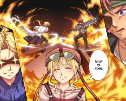  +_+ 1boy 2girls agate_crosner aura beret blonde_hair boots burning closed_eyes closed_mouth commentary cropped_jacket cross_scar curtained_hair dress eiyuu_densetsu english_commentary english_text erika_russell evil_grin evil_smile fiery_background fire flats goggles goggles_on_head green_boots green_headband grin hair_between_eyes hat headband highres holding holding_sword holding_weapon huge_weapon jacket long_sidelocks meme multiple_girls parted_bangs red_hair red_hat scar scar_on_cheek scar_on_face second-party_source sidelocks smile sora_no_kiseki speech_bubble sweatdrop sword this_is_fine_(meme) tita_russell weapon white_jacket wispy_bangs yuzukiyo 