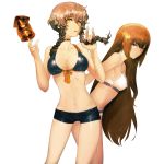  :q \n/ absurdres amane_suzuha bare_shoulders bikini blue_eyes braid breasts brown_hair cleavage food front-tie_top highres huke ikayaki leaning_forward long_hair looking_at_viewer makise_kurisu multiple_girls navel official_art pout simple_background squid steins;gate swimsuit takoyaki tongue twin_braids white_background white_bikini yellow_eyes 