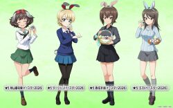  4girls akiyama_yukari animal_ears basket black_neckerchief black_necktie black_pantyhose black_shoes black_skirt black_socks blonde_hair blue_eyes blue_jacket blue_skirt blue_sweater blush bow braid breasts brown_eyes brown_hair brown_shoes character_name closed_eyes collarbone collared_shirt commentary_request darjeeling_(girls_und_panzer) easter easter_egg egg emblem fake_animal_ears fluffy_hair full_body girls_und_panzer girls_und_panzer_senshadou_daisakusen! gradient_background green_background green_skirt grey_shirt grey_skirt grey_socks hair_between_eyes hair_bow highres holding holding_basket holding_egg jacket keizoku_(emblem) keizoku_school_uniform kuromorimine_(emblem) kuromorimine_school_uniform legs loafers long_sleeves looking_at_viewer medium_hair messy_hair mika_(girls_und_panzer) miniskirt multiple_girls neckerchief necktie nishizumi_maho official_art ooarai_(emblem) ooarai_school_uniform pantyhose pleated_skirt rabbit_ears rabbit_tail red_bow sailor_collar school_uniform shirt shoes short_hair skirt smile socks st._gloriana's_(emblem) st._gloriana's_school_uniform standing standing_on_one_leg striped_clothes striped_jacket sweater swept_bangs tail thighs translated vertical-striped_clothes vertical-striped_jacket white_sailor_collar white_shirt 