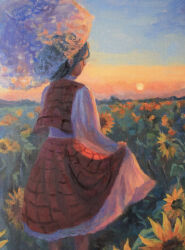  1girl absurdres alina_ivy clothes_lift clouds commentary_request facing_away feet_out_of_frame field flower flower_field from_behind green_hair highres holding holding_umbrella kazami_yuuka long_sleeves mountainous_horizon oil_painting_(medium) outdoors painting_(medium) parasol plaid_clothes plaid_skirt plaid_vest red_skirt red_vest shirt short_hair skirt skirt_lift skirt_set sky solo standing sunflower sunset touhou traditional_media umbrella vest white_shirt 