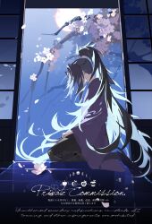  1boy black_hair black_hakama cherry_blossoms colored_inner_hair commission full_moon hakama head_down high_ponytail highres japanese_clothes kimetsu_no_yaiba kimono long_hair male_focus moon multicolored_hair ponytail purple_kimono ringo93070 sitting solo tree tsugikuni_michikatsu very_long_hair 